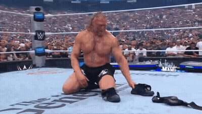 A Wrestler Is Kneeling Down In A Wrestling Ring That Says The Reigns On It GIF