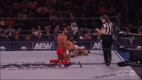 A Wrestler Is Kneeling Down In A Wrestling Ring With The Word Aew On The Wall Behind Him GIF