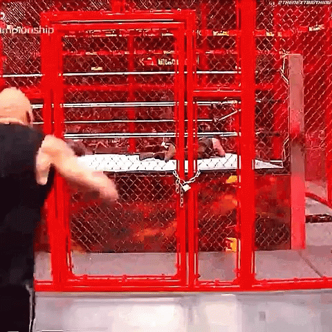 A Wrestler Is Standing In A Red Cage . GIF