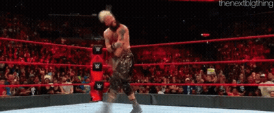 A Wrestler Is Standing In A Wrestling Ring With A Crowd In The Background . GIF