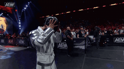 A Wrestler Is Standing In Front Of A Crowd At A Aew Wrestling Event GIF