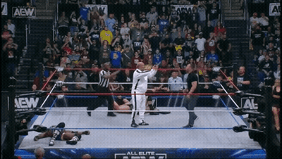 A Wrestler Is Standing In The Middle Of A Wrestling Ring That Says All Elite Wrestling GIF