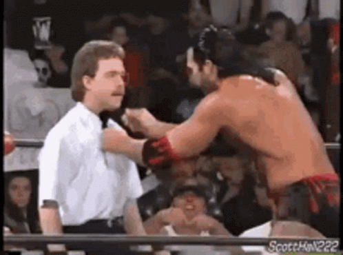 A Wrestler Is Standing Next To A Referee In A Boxing Ring . GIF