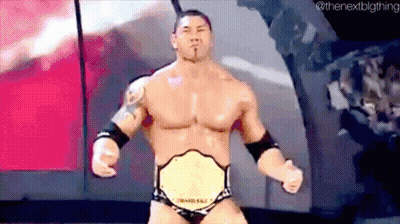 A Wrestler Is Wearing A Championship Belt And Standing On A Stage With His Fist In The Air . GIF