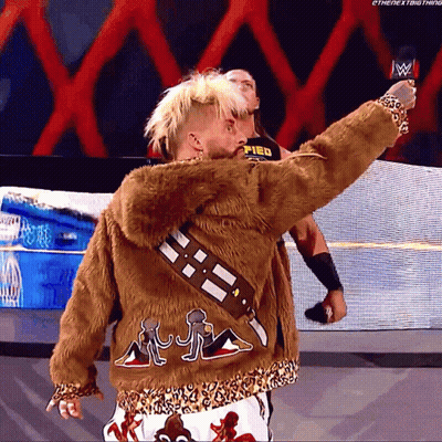 A Wrestler Is Wearing A Furry Jacket With A Chewbacca On It GIF