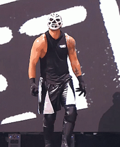 A Wrestler Wearing A Mask And A Black Tank Top With The Word Rumble On The Front GIF