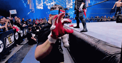 A Wrestler Wearing Red Gloves Stands In Front Of A Banner That Says All Elite Aew GIF