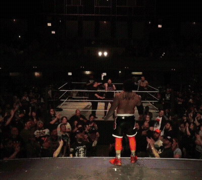 A Wrestler With A Red And White Triangle On His Shorts Raises His Fist In The Air GIF
