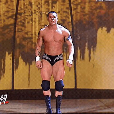 A Wrestler Without A Shirt Is Standing On A Stage With A Wwe Logo In The Background . GIF