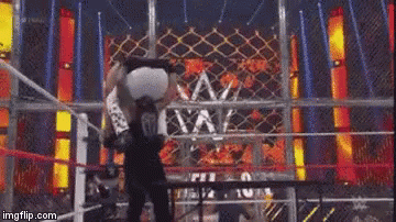 A Wrestling Match Is Being Held In A Ring With A Fence In The Background . GIF