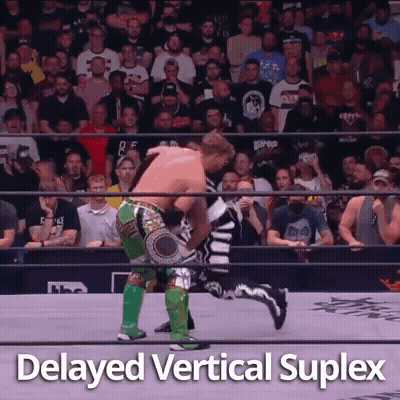 A Wrestling Match Is Being Held In Front Of A Crowd And The Words Delayed Vertical Suplex Are Visible . GIF