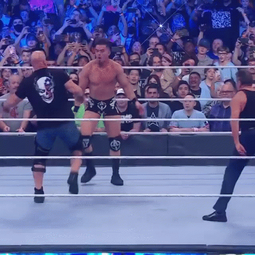 A Wrestling Match Is Going On In Front Of A Crowd Of People GIF