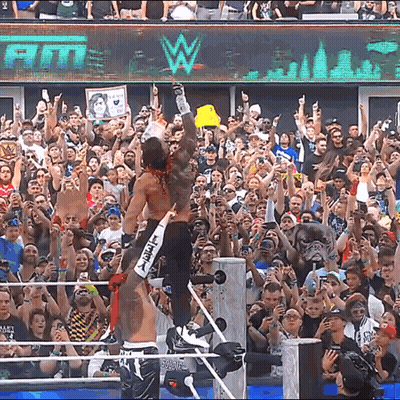 A Wrestling Match Is Going On In Front Of A Crowd With A Sign That Says Wwe GIF