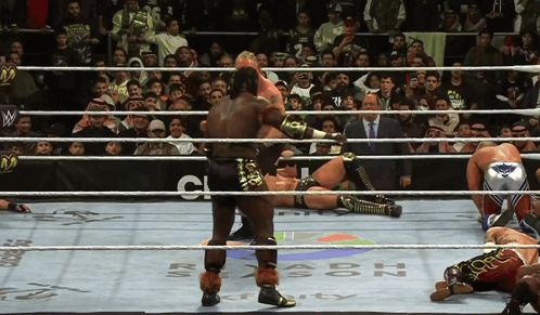 A Wrestling Match Is Taking Place In Front Of A Crowd With A Sign That Says Bison On It GIF