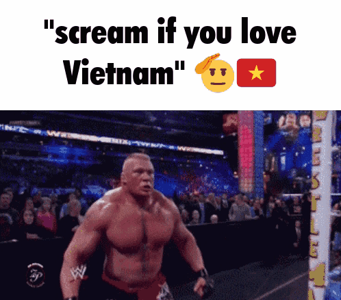 A Wrestling Ring With The Words " Scream If You Love Vietnam " On The Bottom GIF