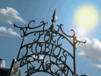 A Wrought Iron Gate That Reads Port Mobius GIF