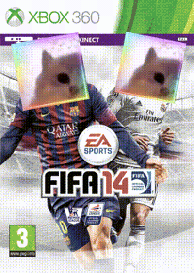 A Xbox 360 Fifa 14 Video Game Cover With A Cat On It 'S Head GIF