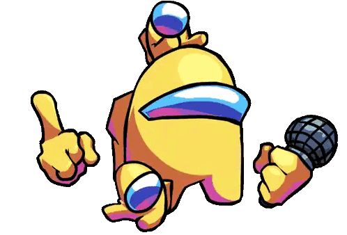 A Yellow Among Us Character Is Holding A Microphone And Pointing At Something . Sticker