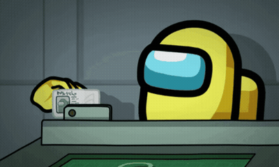 A Yellow Among Us Character Is Holding A Piece Of Paper That Says Mobile GIF