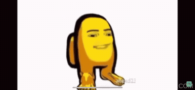 A Yellow Among Us Character With A Funny Face Is Standing On Its Hind Legs . GIF