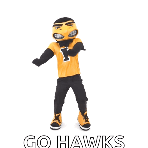 A Yellow And Black Mascot With The Word Go Hawks On The Bottom GIF