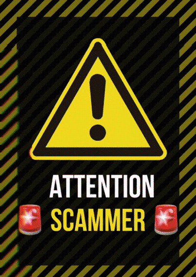 A Yellow And Black Warning Sign That Says Attention Scammer On A Black Background GIF