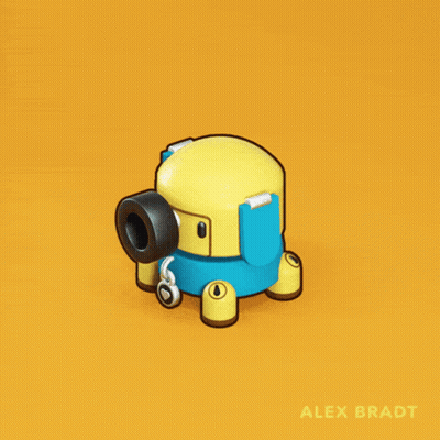 A Yellow And Blue Cartoon Character With The Name Alex Bradt On The Bottom GIF