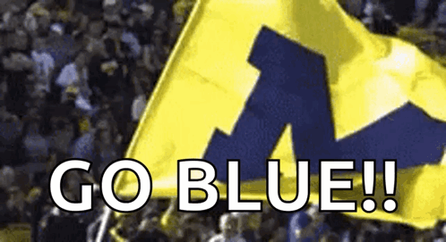 A Yellow And Blue Flag With The Letter M On It And The Words Go Blue GIF