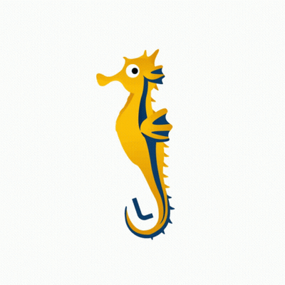 A Yellow And Blue Seahorse With A Black Tail On A White Background GIF