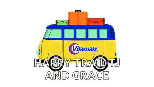A Yellow And Blue Vitamalz Van With Luggage On Top Of It GIF