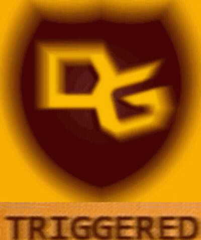 A Yellow And Purple Logo On A Yellow Background With The Word Triggered Underneath It . GIF