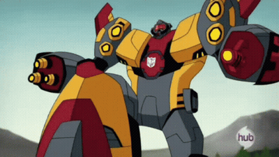 A Yellow And Red Robot With The Word Hub In The Corner GIF