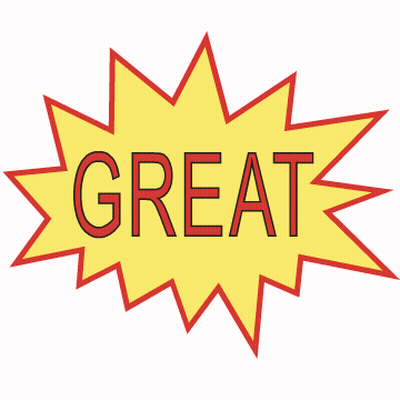 A Yellow And Red Starburst With The Word Great In Red Letters GIF