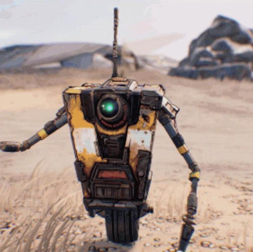 A Yellow And White Robot With A Green Eye Is Standing In The Sand GIF