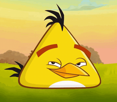A Yellow Angry Bird With A Black Feather On Its Head Is Making A Funny Face GIF