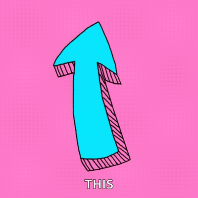 A Yellow Arrow Pointing Up On A Pink Background Says This GIF