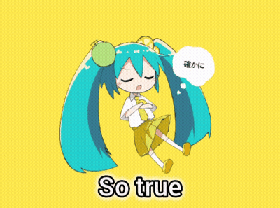 A Yellow Background With A Cartoon Character And The Word So True GIF