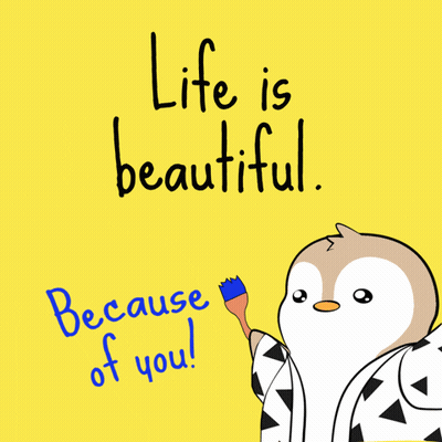 A Yellow Background With A Penguin And The Words Life Is Beautiful GIF