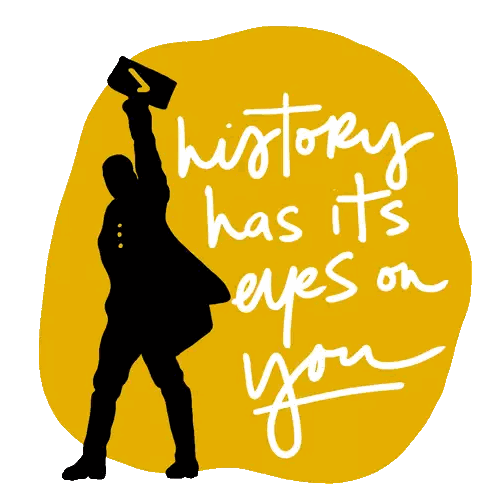 A Yellow Background With A Silhouette Of A Man Holding Up A Book And The Words History Has Its Eyes On You Sticker
