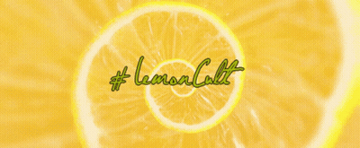 A Yellow Background With A Slice Of Lemon And The Words Lemon Cult GIF