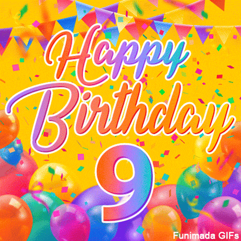 A Yellow Background With Balloons And Confetti And The Words Happy Birthday 9 GIF