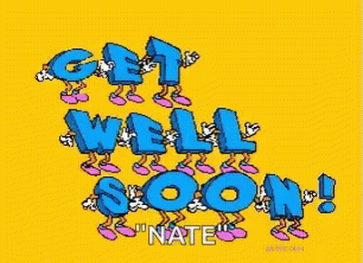 A Yellow Background With Blue Letters That Say Get Well Soon " Nate " GIF