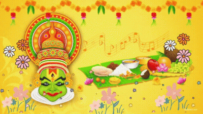 A Yellow Background With Flowers And Food And The Word ' Kerala ' In Blue GIF