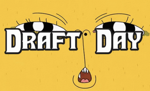 A Yellow Background With The Words Draft Day Written In White Letters GIF