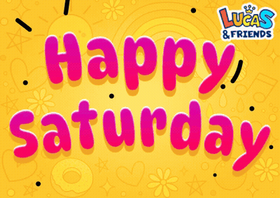 A Yellow Background With The Words Happy Saturday Written In Pink GIF
