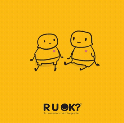 A Yellow Background With Two Cartoon Characters And The Word Ruok GIF