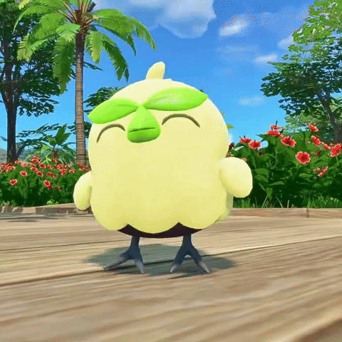 Yellow Bird With Green Fan On Head On Wooden Deck GIF