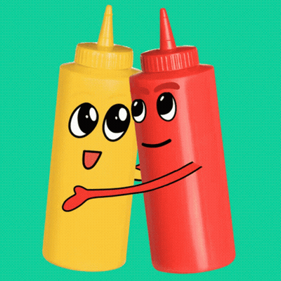 A Yellow Bottle Of Mustard And A Red Bottle Of Ketchup Hugging Each Other GIF
