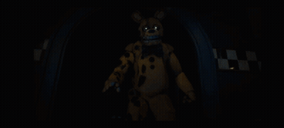 A Yellow Bunny With A Blue Bow Tie Is Standing In A Dark Room GIF