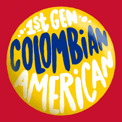 A Yellow Button That Says 1St Gen Colombian American On A Red Background GIF